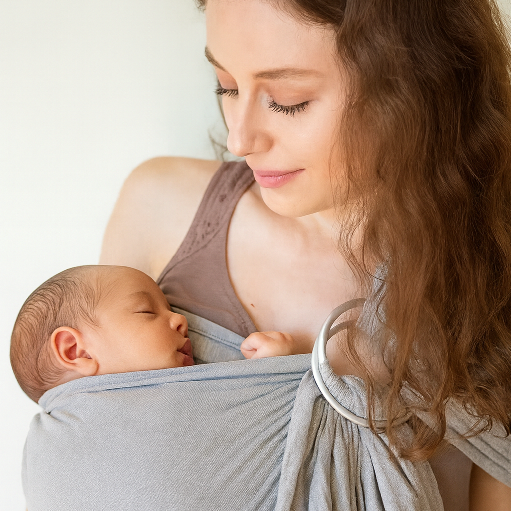 photo life style maman portant son bébé tout heureuse dans le sling gris