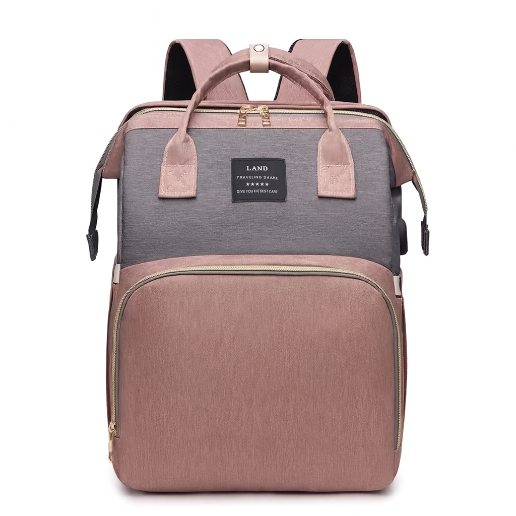 Sac à langer lit avec matelas intégré et rangement BABYNOMADE GRIS ET ROSE