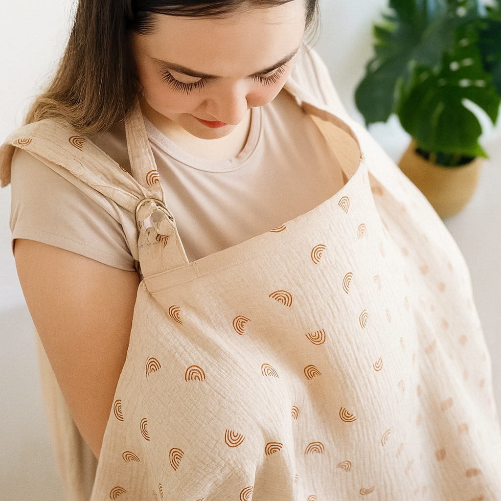 femme allaitant son bébé avec un regard amoureux sous une cape beige à motif arc en ciel BabyNomade