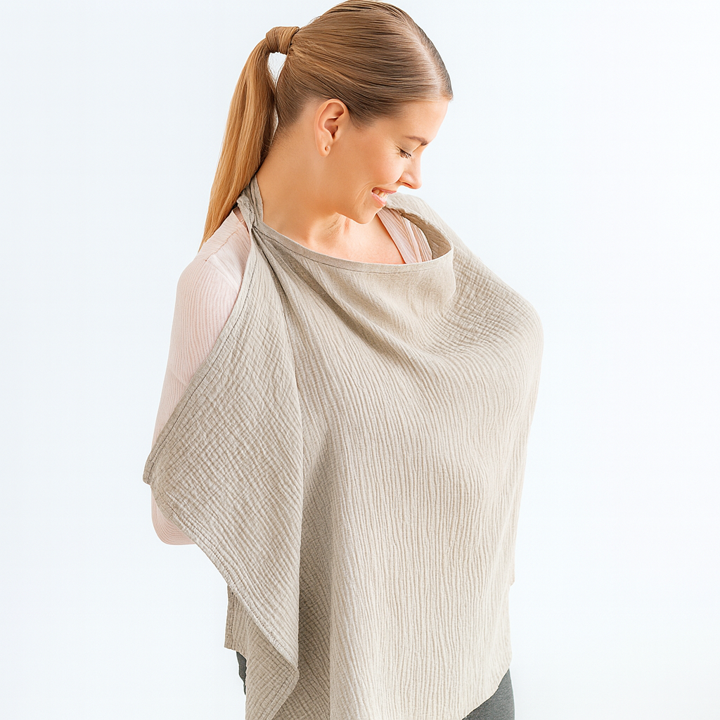 femme allaitant son bébé sous une cape allaitement beige BabyNomade 