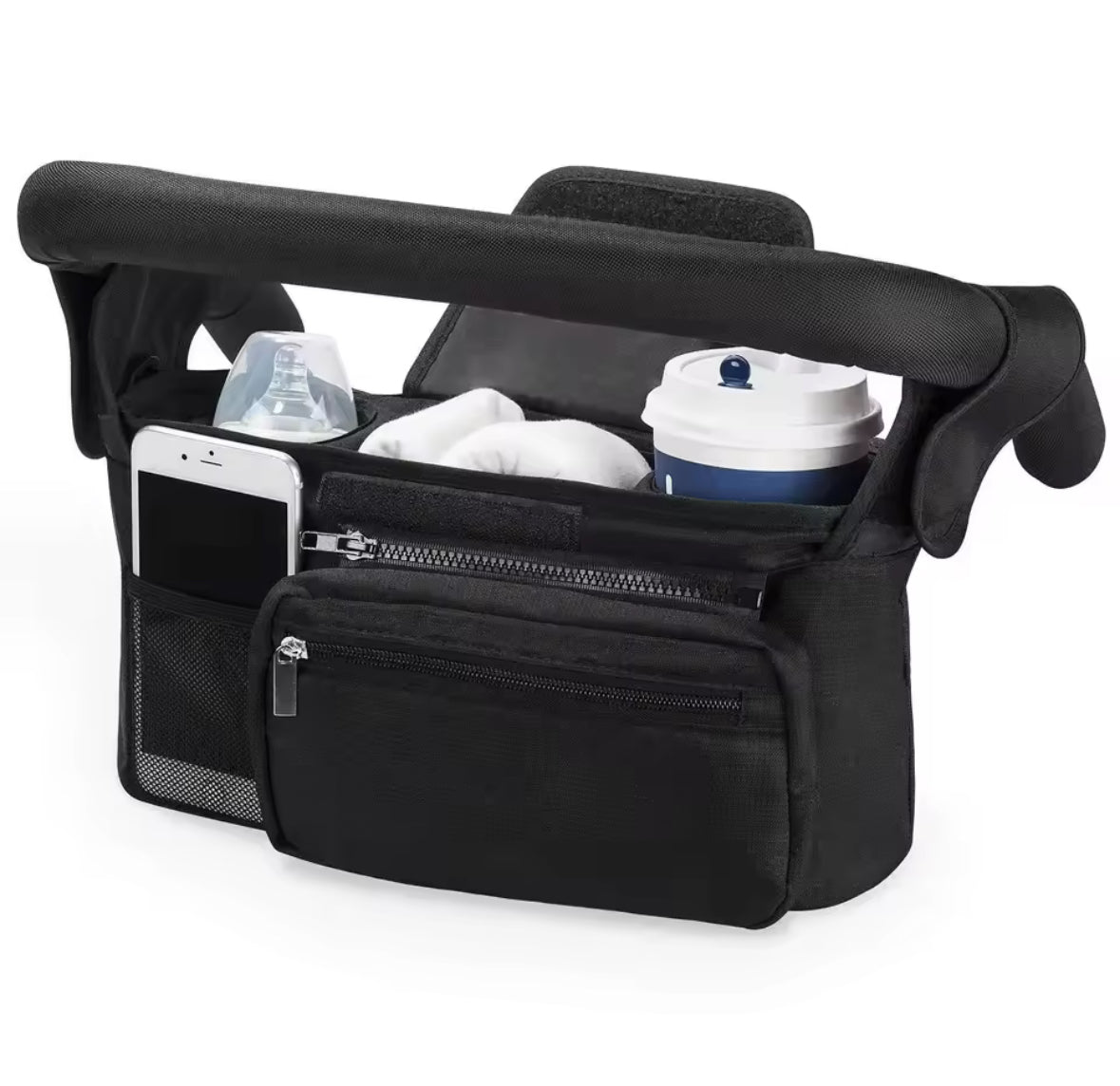 Sac organisateur de poussette noir avec compartiments multiples et poche isotherme – BabyNomade